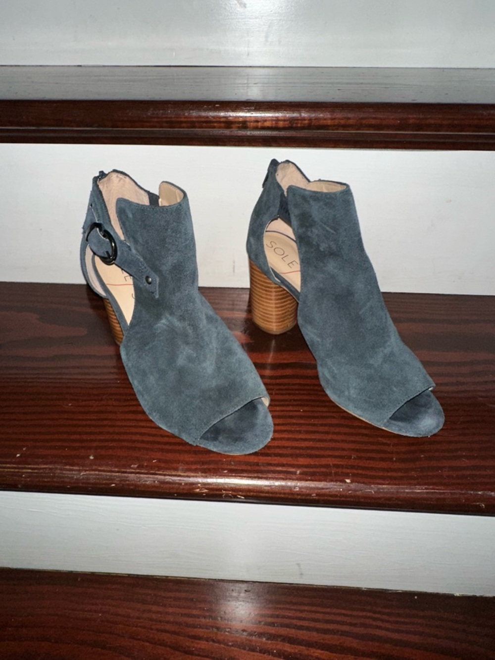 Sole Society Blue Grey Suede Open-Toe Block Heel Booties